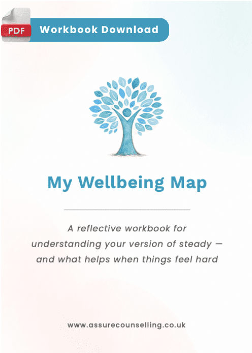 Front cover of My Wellbeing Map PDF - a free reflective workbook for understanding your version of steady, and what helps when things feel hard
